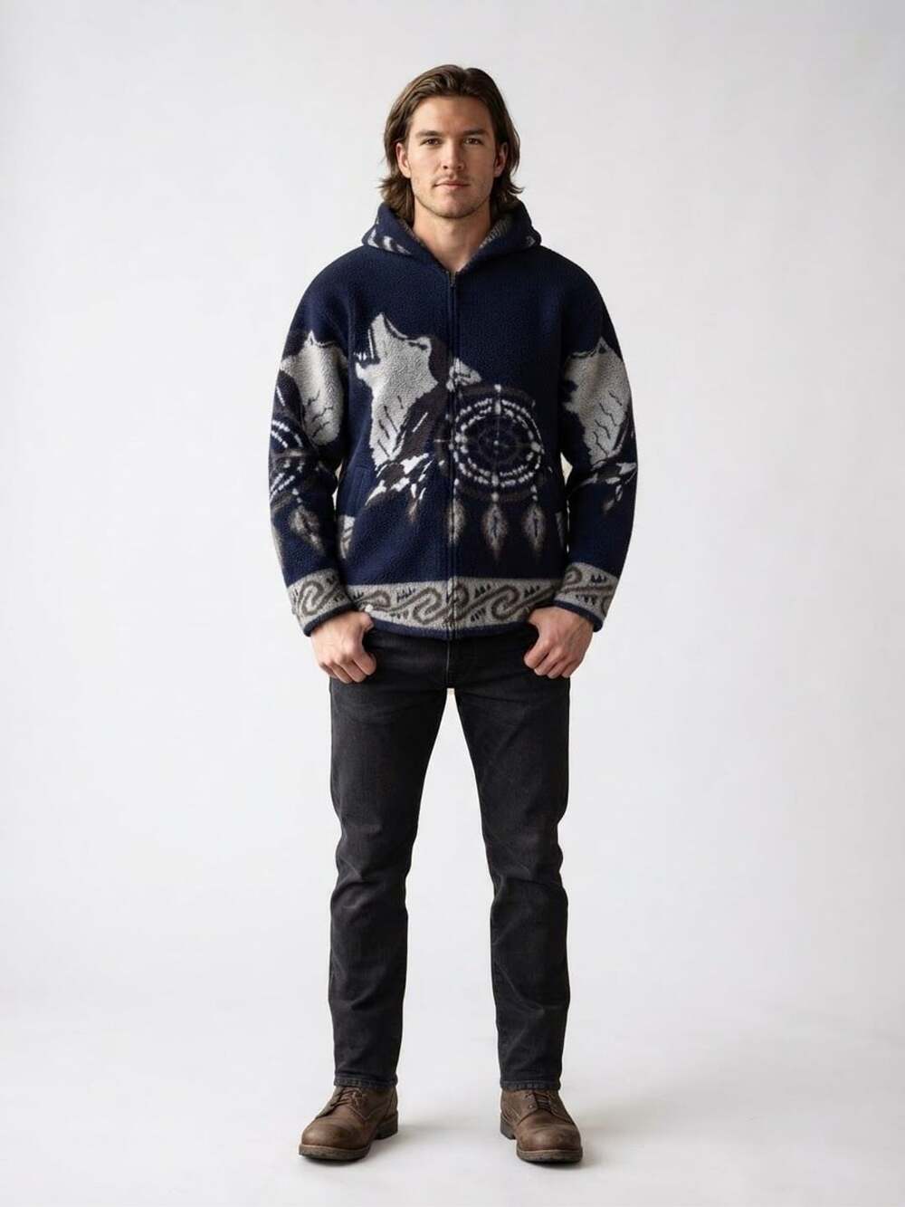 Genesis Handicrafts  Wolf and Dreamcatcher Full Zip Sweater Jacket